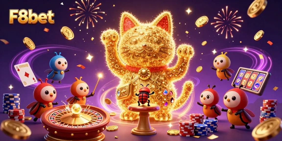 Engage with F8bet's vibrant casino scene featuring a lucky cat and dynamic game elements.