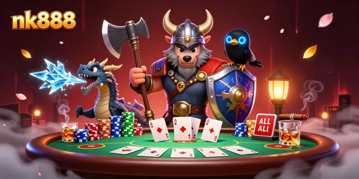 Experience nk888 gaming excitement with a Viking wolf warrior and fierce dragon at a lively poker table.