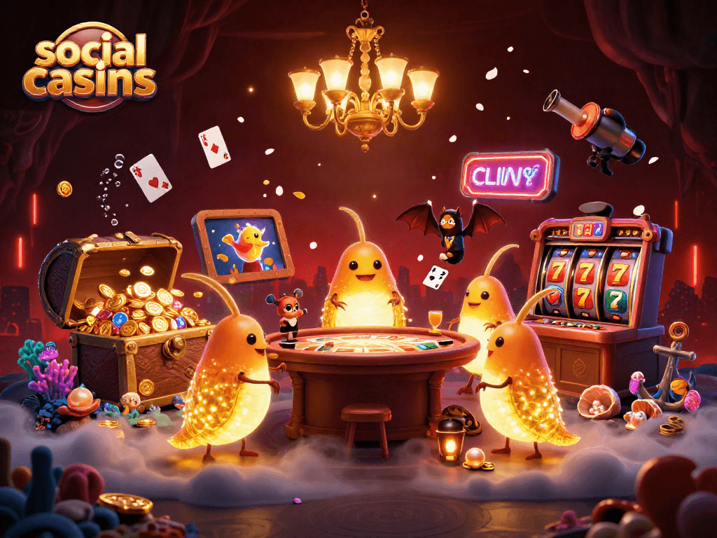 Experience the excitement of social casinos with glowworms lighting up a vibrant cave casino scene.