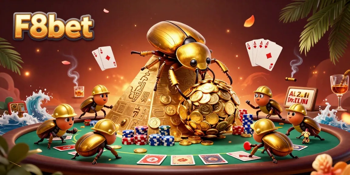 Experience exquisite wins with F8bet at a vibrant casino illustration featuring golden beetles and poker.