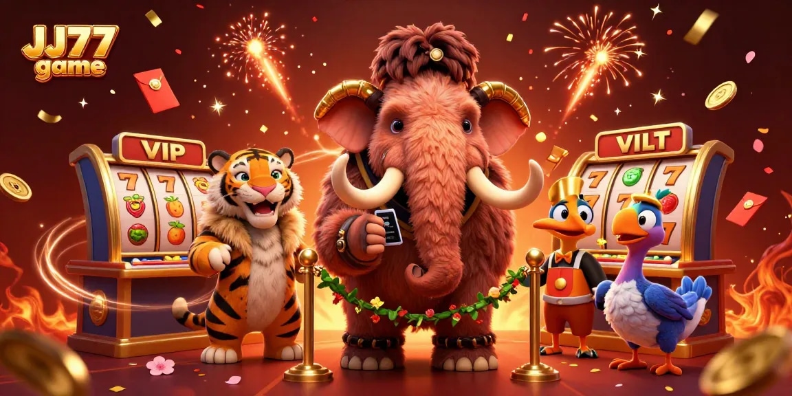 Engage with the JJ77 game through vibrant 3D illustration showcasing casino excitement.