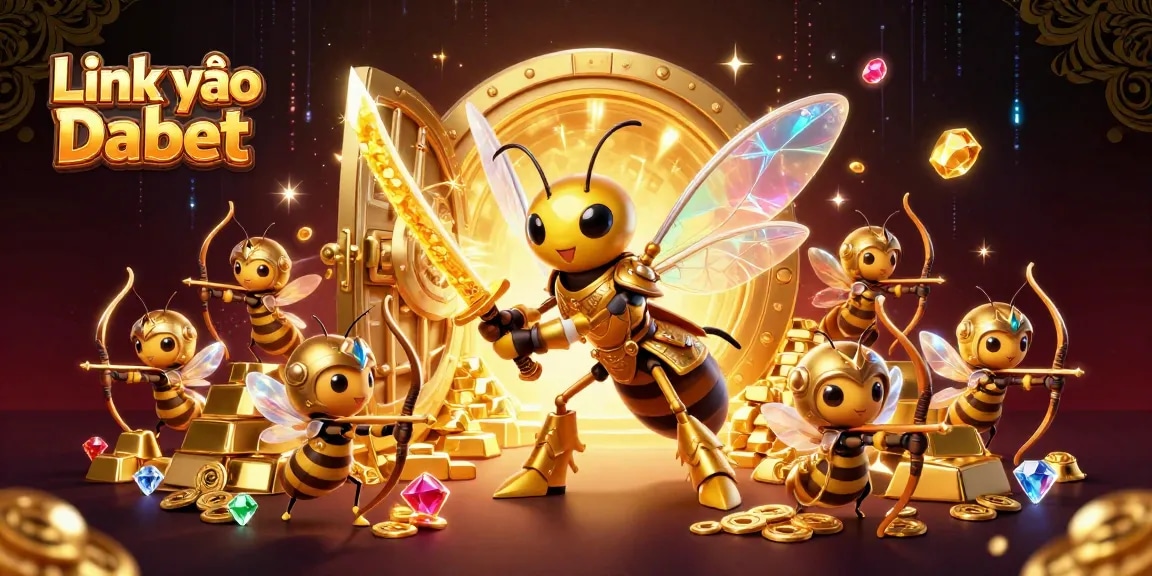 Spin to win with Link vào Dabet in this vibrant 3D casino illustration featuring golden treasures.