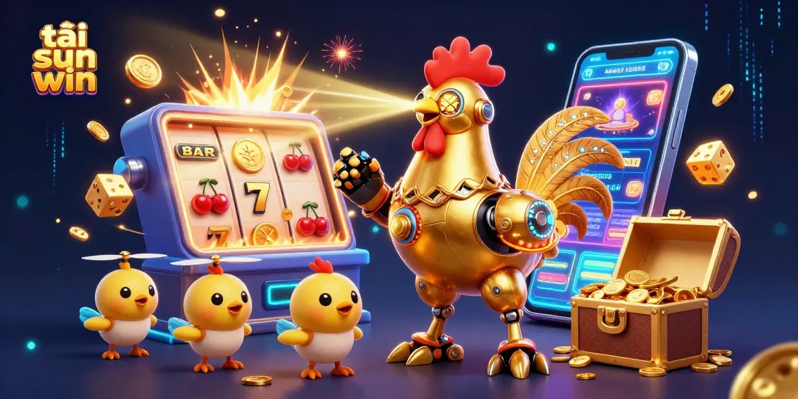 Experience excitement with tải sun win through this vibrant 3D casino illustration packed with action and colorful gaming elements.