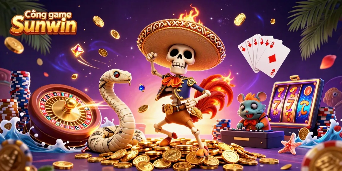 Cổng game Sunwin showcases dynamic 3D characters celebrating with golden coins in an exciting casino setting.