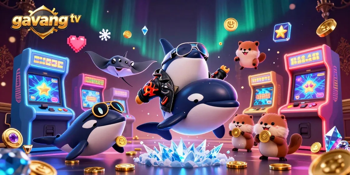 Join the excitement at gavang tv as an orca leaps among arcade games, while otters gather golden coins.