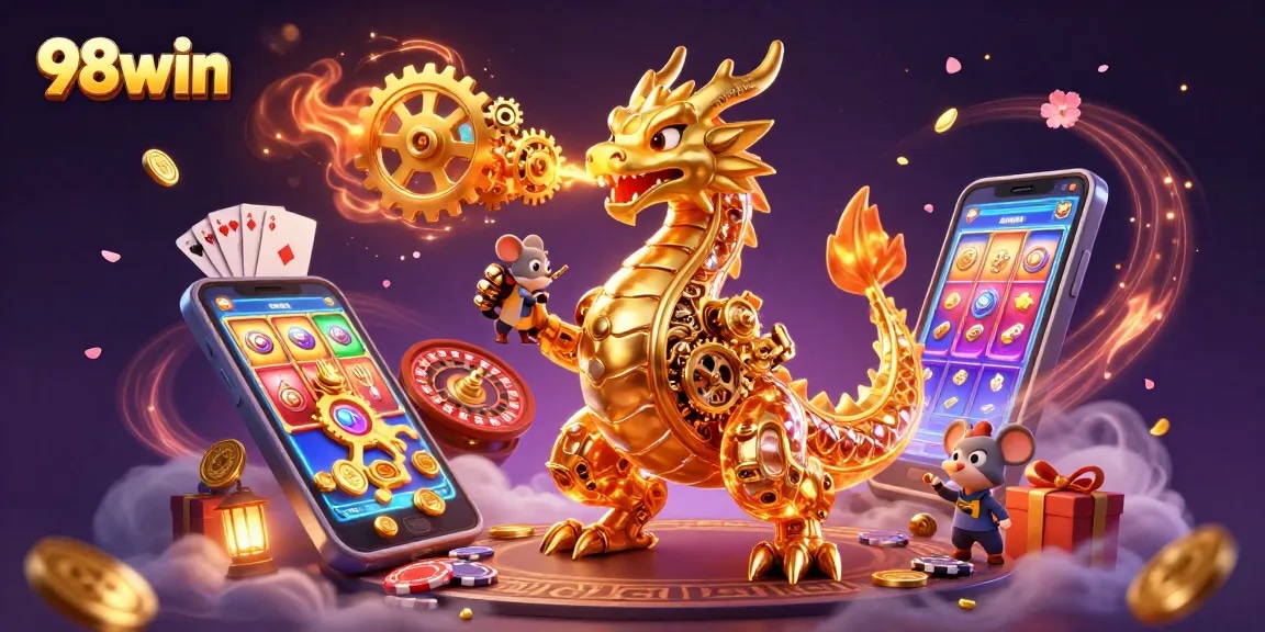 Experience the thrill of 98win with a biomechanical dragon and dynamic casino elements.