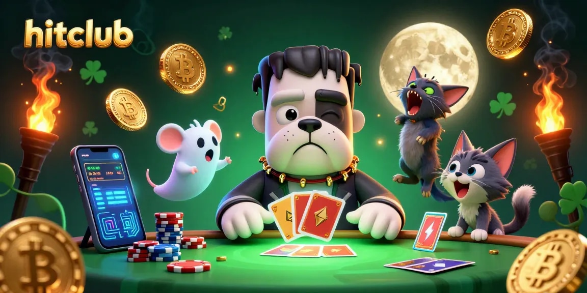 Hitclub's exciting gameplay features a friendly Frankenstein bulldog dealer, captivating players with glowing coins and vibrant atmosphere