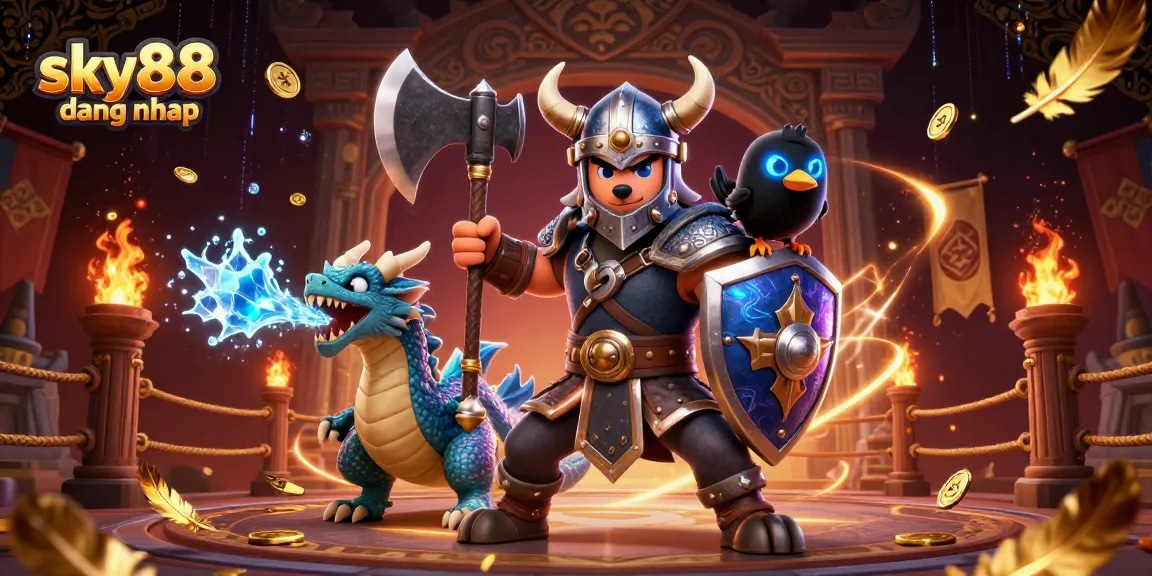Engage with sky88 dang nhap featuring a Viking wolf warrior and dragon in an epic casino battle scene.