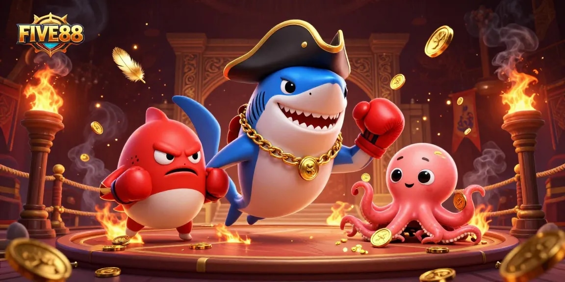 Experience thrilling gameplay with FIVE88's vibrant 3D illustration featuring animated characters and dynamic casino elements.