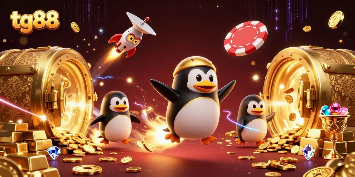 Experience the thrill of tg88 casino with a golden penguin racing to a poker chip station surrounded by wealth.