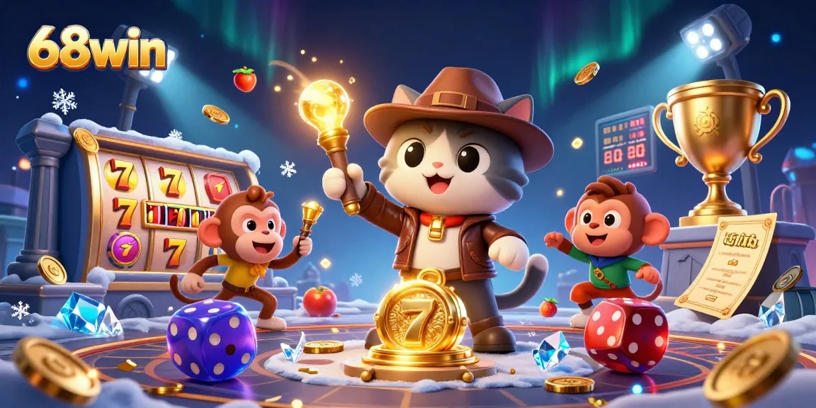 Experience thrilling wins at 68win with a captivating scene featuring an explorer cat discovering a golden casino artifact.