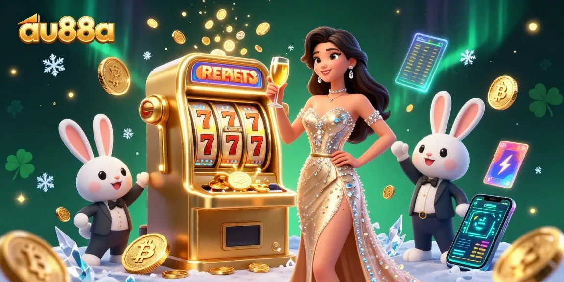 Celebrate your wins at au88a with an enchanting casino scene featuring a glamorous woman and a bunny croupier.