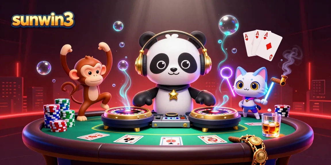 Experience the thrilling casino atmosphere at sunwin3, featuring a DJ panda and vibrant game elements.
