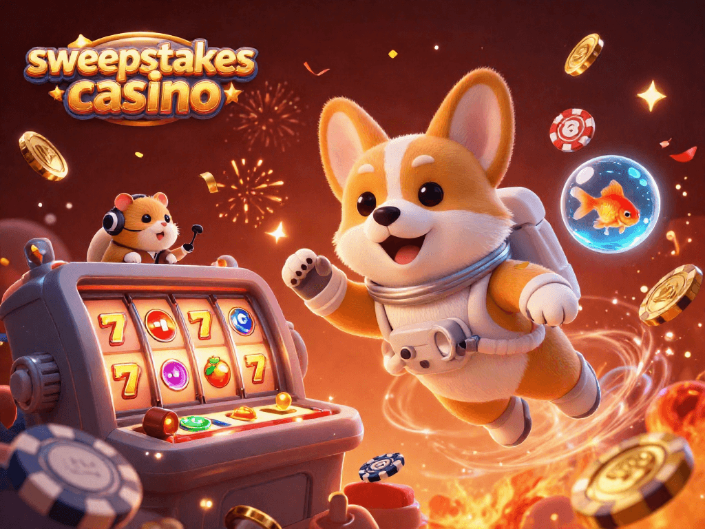 Experience the excitement of a sweepstakes casino with floating slots and playful characters in a vibrant scene.