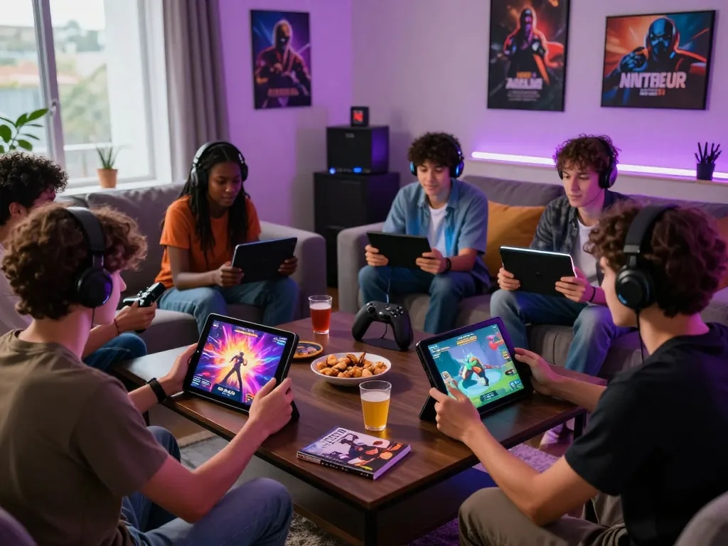 Friends enjoying a porn game online in a vibrant gaming setup with multiple devices and snacks.