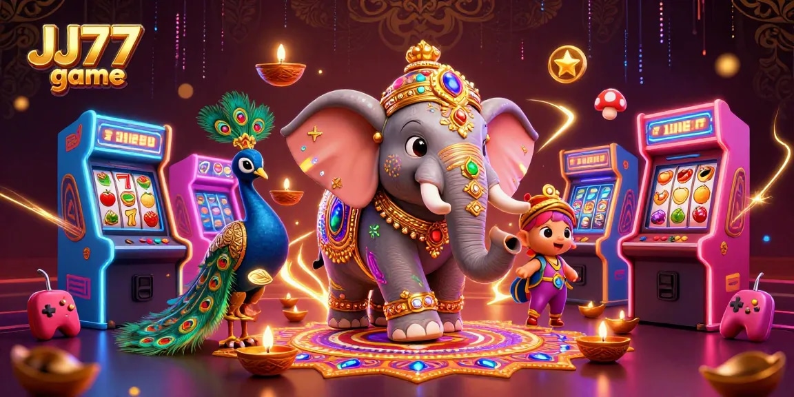 Join the excitement of the JJ77 game with vibrant slot elements and illuminated game characters.