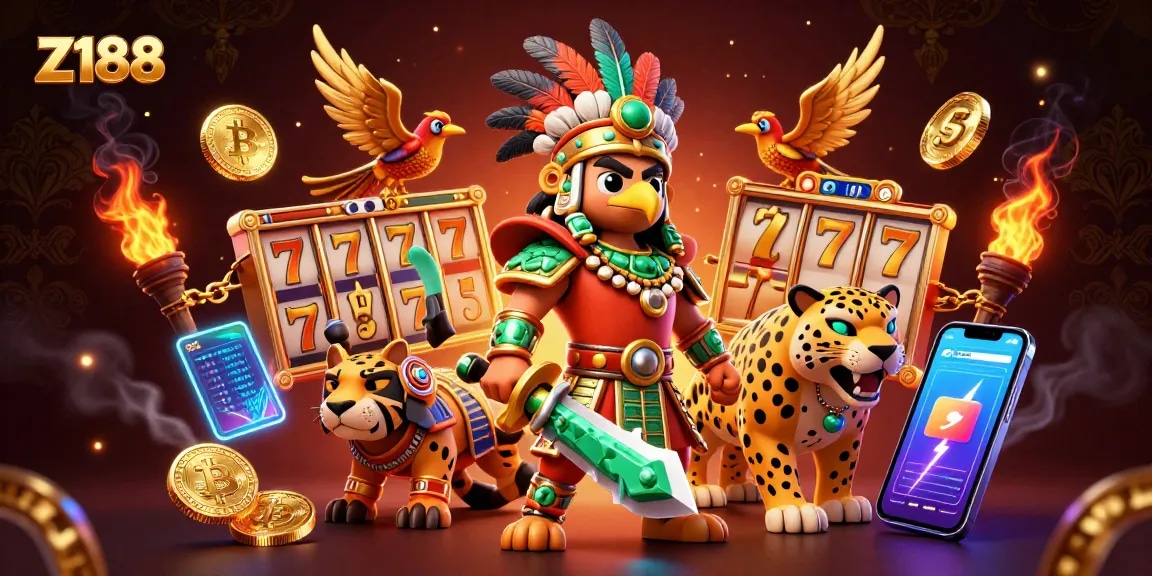 Experience immersive gaming with Z188's colorful jackpot slots and animated characters in this vibrant illustration.