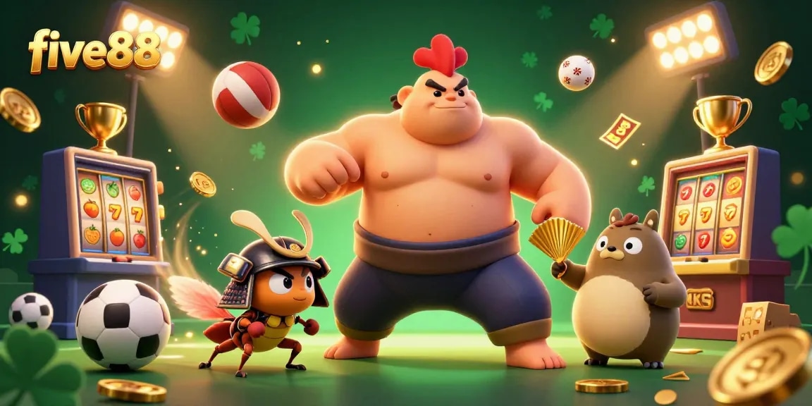 Experience the excitement of five88, featuring a powerful sumo wrestler and fierce cricket amidst dynamic slot gameplay.