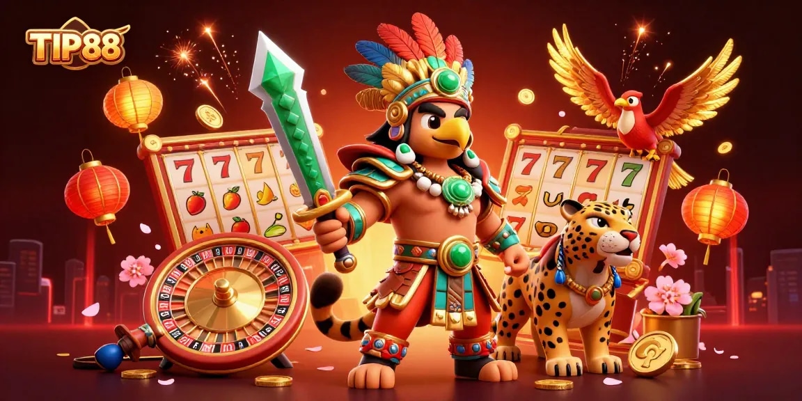 Engage with TIP88 through thrilling slots and animated casino elements in a vibrant 3D scene.