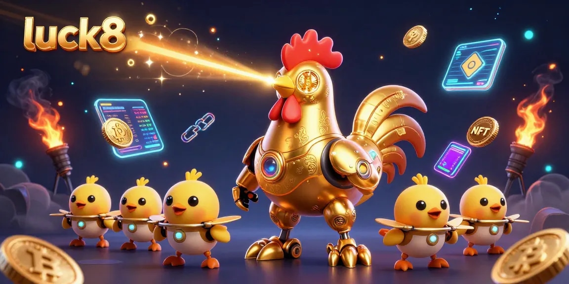 Experience luck8's thrilling gameplay with a golden rooster robot amidst vibrant crypto elements.