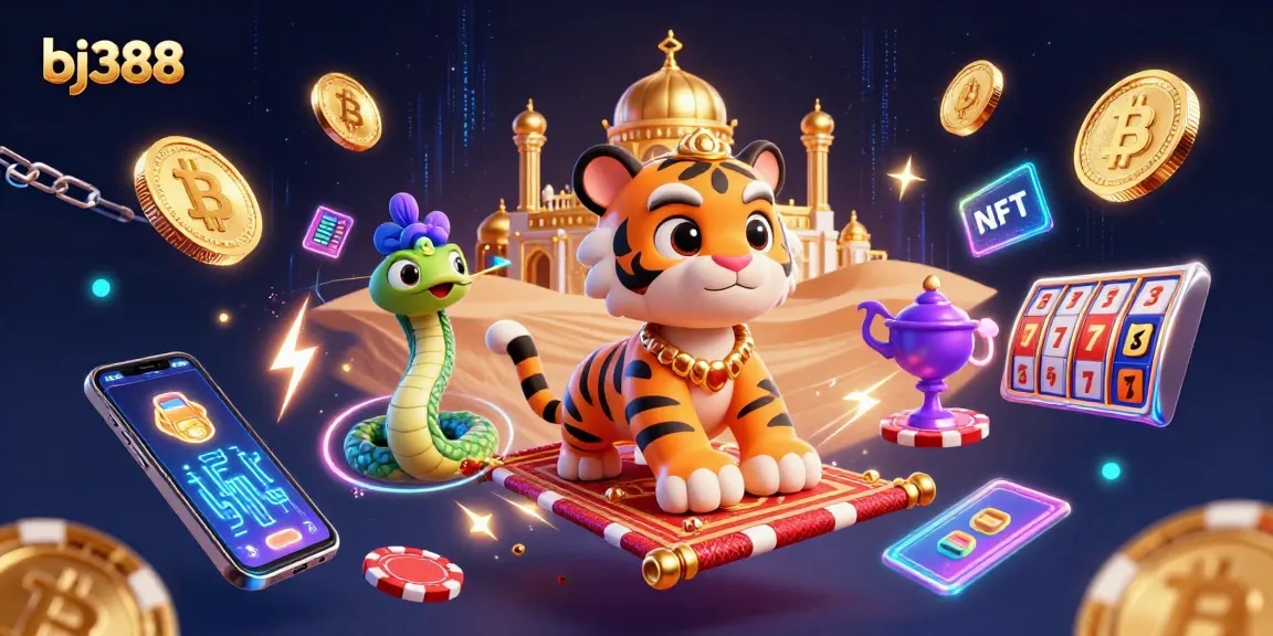 Experience the excitement of bj388 with a vibrant 3D desert casino scene showcasing dynamic elements like Bitcoin coins, poker chips, and a magical tiger sultan.