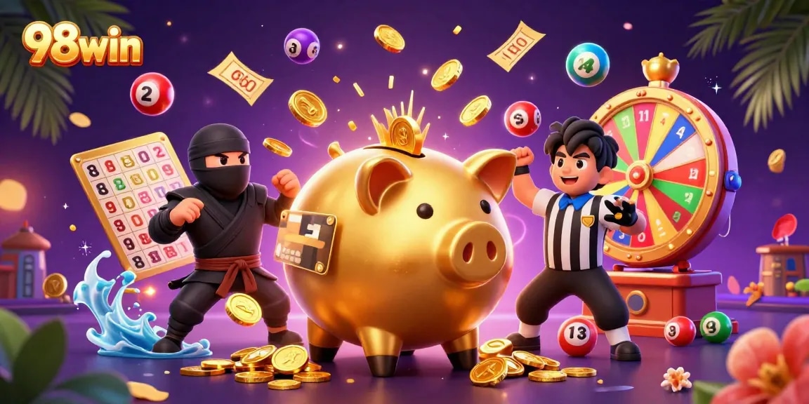 Experience the vibrant energy of 98win's casino world with dynamic characters and game elements.