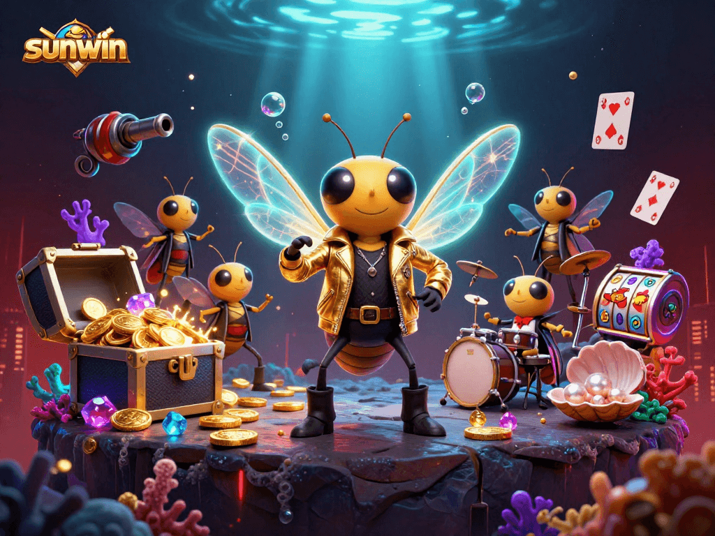 Experience the excitement of sunwin with a lively 3D casino scene featuring colorful characters and vibrant game elements.