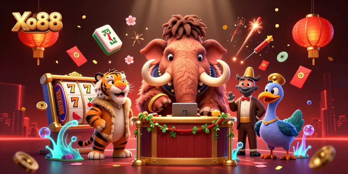 Xo88 unveils exciting gaming scenes with a woolly mammoth bouncer at the casino entrance.