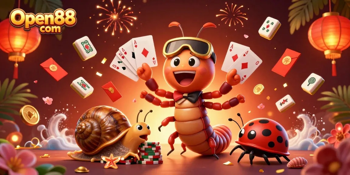 Experience thrilling gaming action at Open88 com with a lively casino scene featuring unique characters and vibrant decorations.
