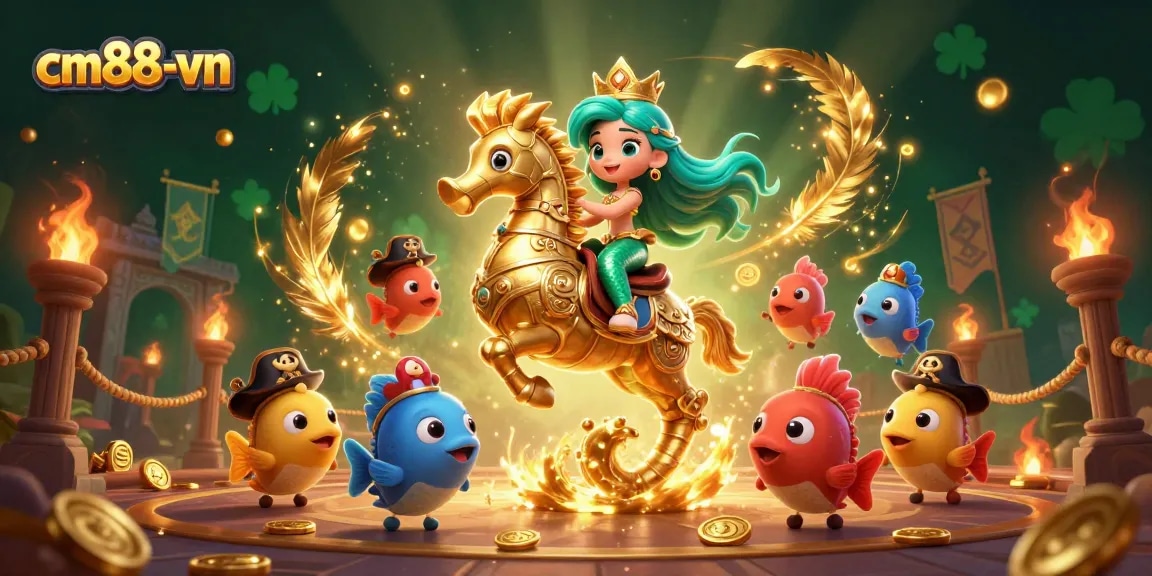 Join the magical world of cm88-vn with a mermaid princess, golden seahorse, and vibrant gambling elements.