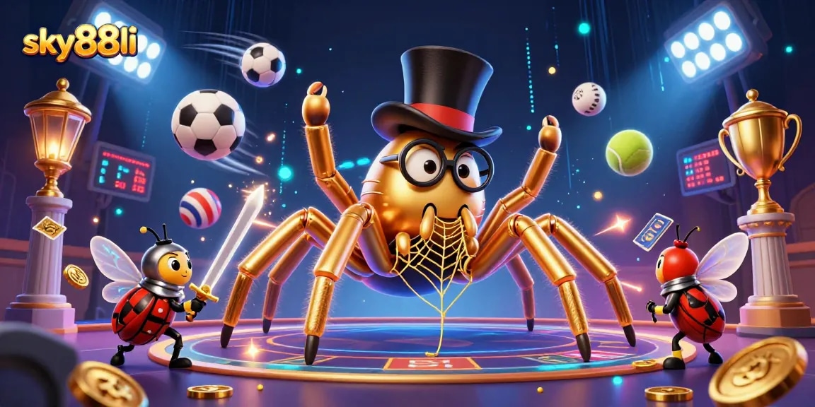 Engage with sky88li as a brilliant cartoon scene illustrates a golden tarantula and knight amid dynamic sports betting action.