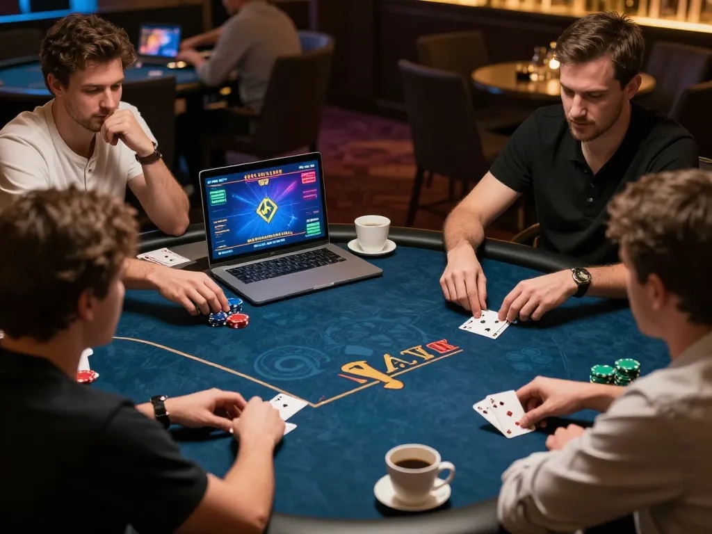 Engaging online poker gameplay scene showcasing players strategizing at home with trang chủ cm88 interface on screen