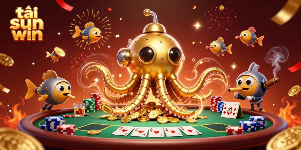Engage in exciting gameplay by tải sun win, featuring a golden kraken and vibrant poker elements.