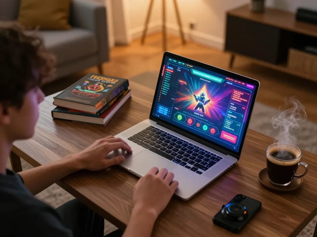 Engaged player immersed in nohu gaming on a laptop, showcasing online casino strategy.