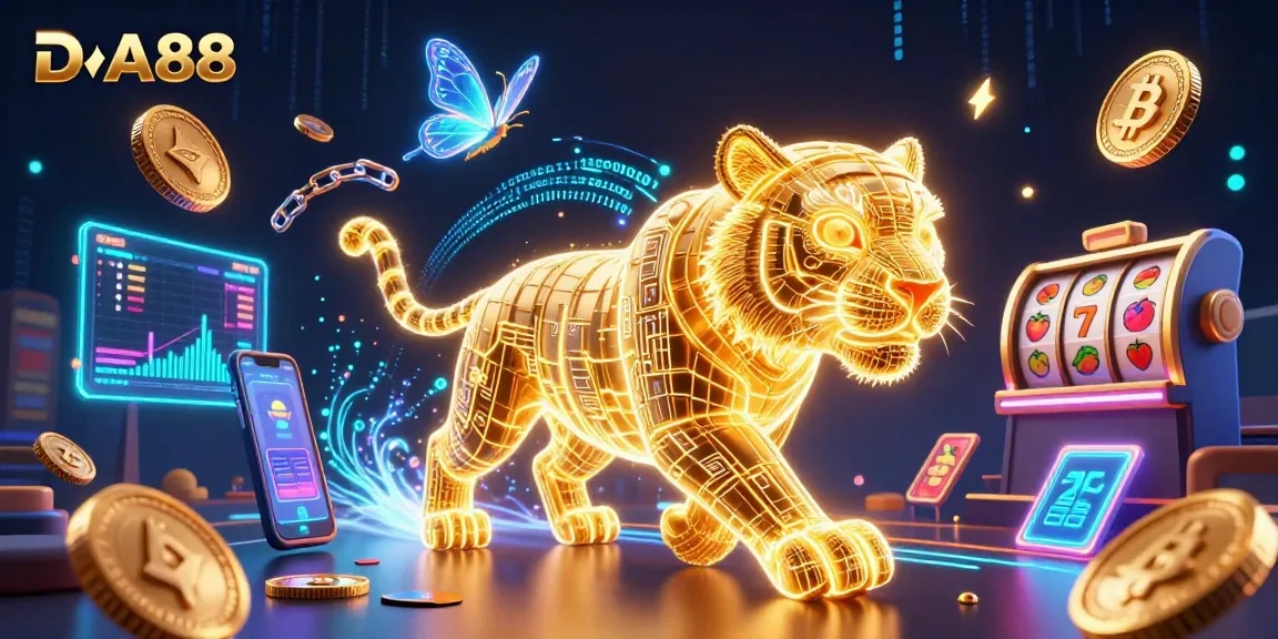 Play the DA88 casino with immersive visuals featuring a neon tiger and crypto elements.
