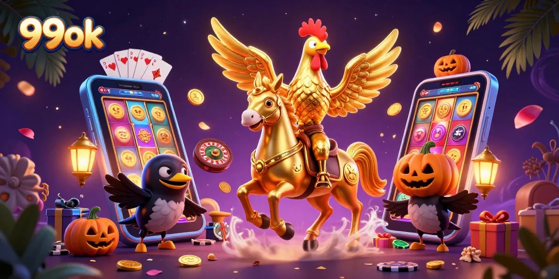 Experience thrilling gaming with 99ok's vibrant casino scene featuring festive characters and dynamic gameplay.