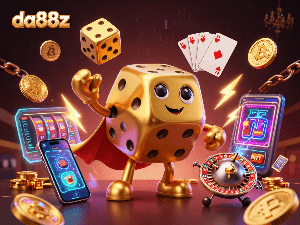 Engage in thrilling gambling with da88z's unique 3D casino illustration featuring vibrant gold dice and crypto elements.
