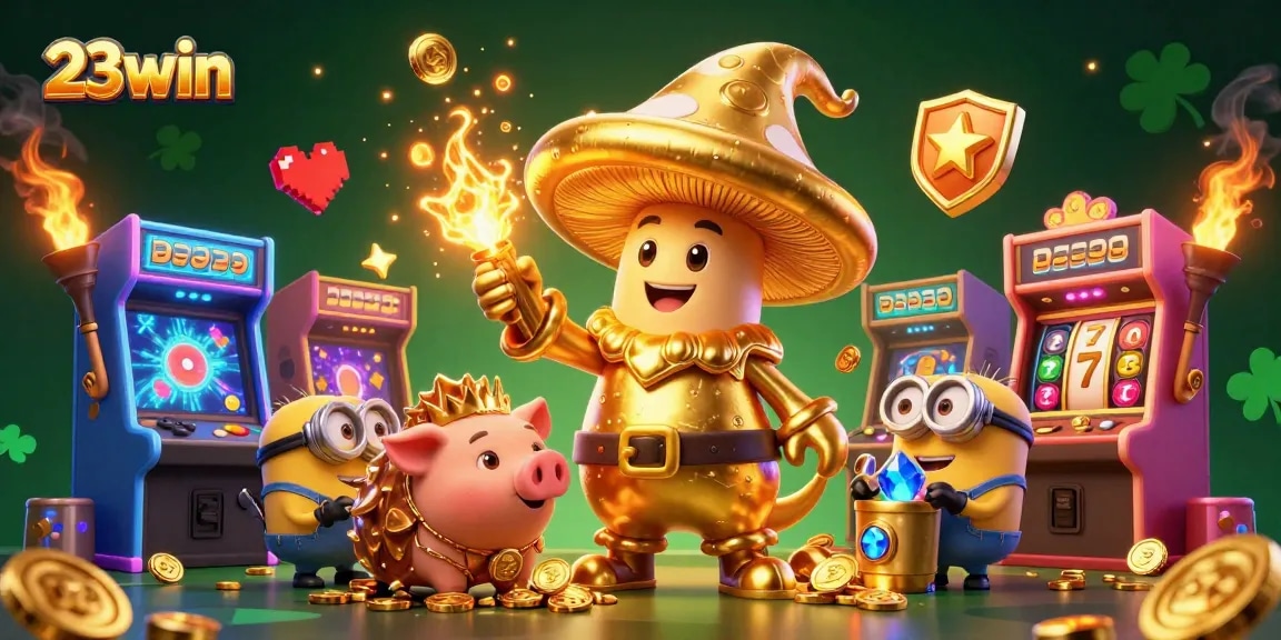 Experience the magic of 23win with golden characters, thrilling game elements, and casino excitement.