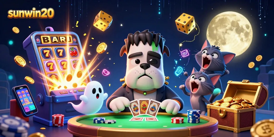 Engage in thrilling gameplay with sunwin20, featuring a lively 3D illustration of casino excitement.