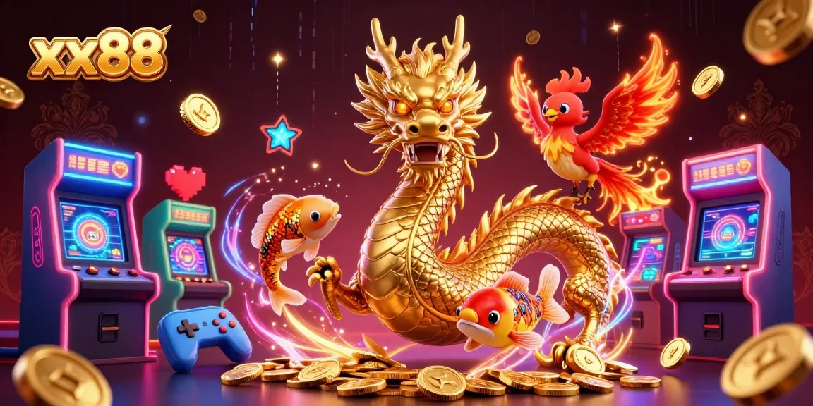 Engage in thrilling gameplay at xx88 with a spectacular illustration showcasing a dragon, phoenix, and koi fish.