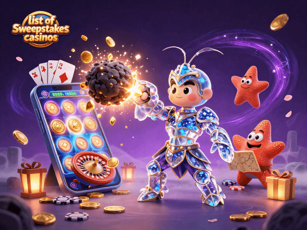 Engage with a vibrant scene showcasing the list of sweepstakes casinos through dynamic gaming elements.
