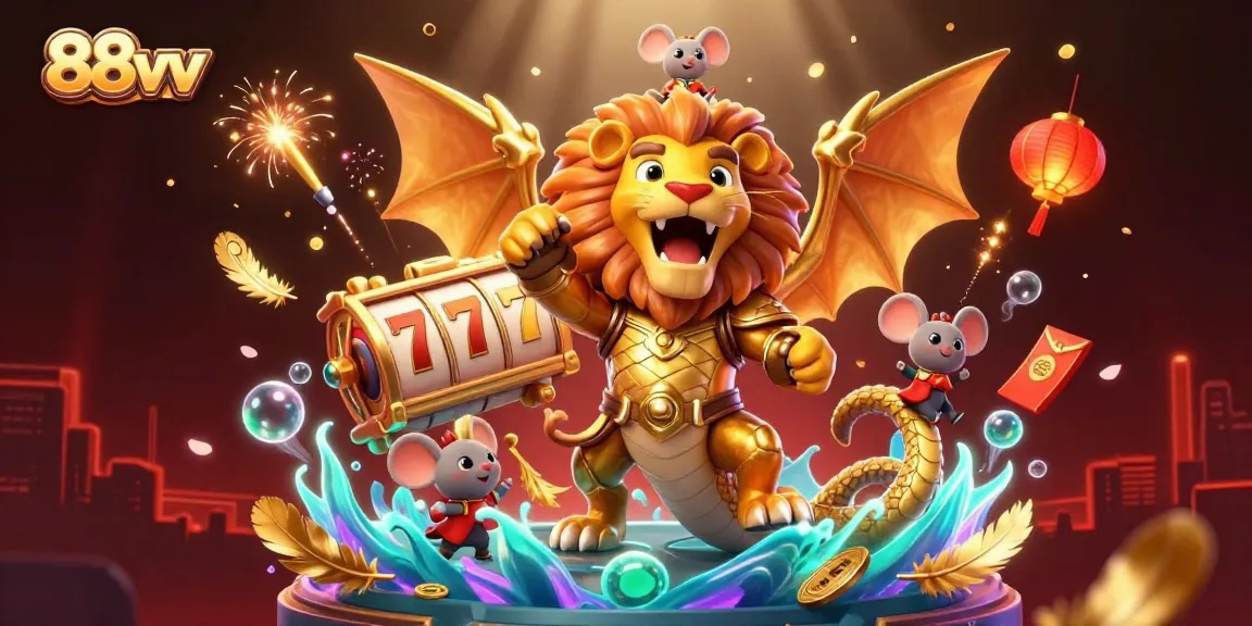 Spin the reels of 88vv with a triumphant chimera showcasing excitement in a vibrant casino scene.