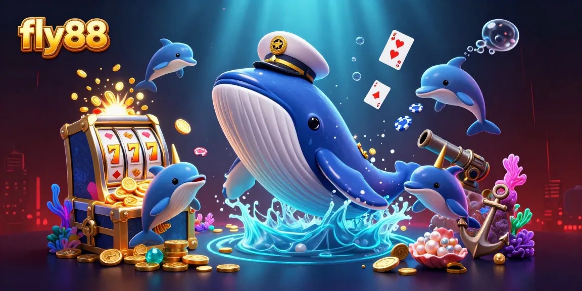 Engage with the exciting world of fly88 featuring a whimsical whale amidst a sea of coins, vibrant with playful poker chips.