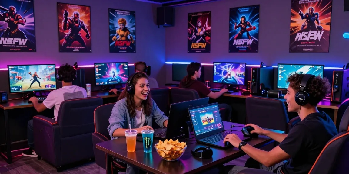 Group enjoying nsfw games in a lively gaming lounge with vibrant atmosphere.