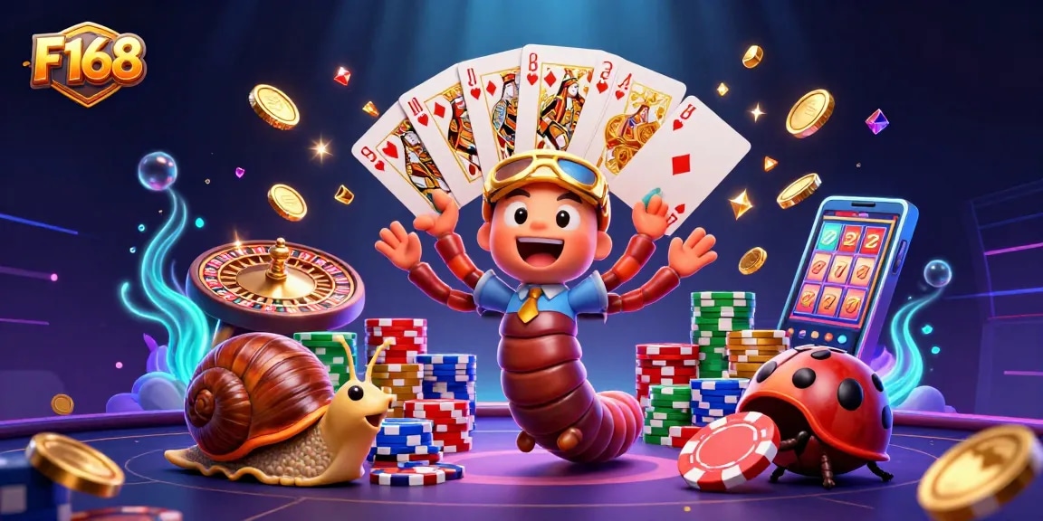 Experience thrilling games at F168 with cartoon characters and vibrant casino elements.
