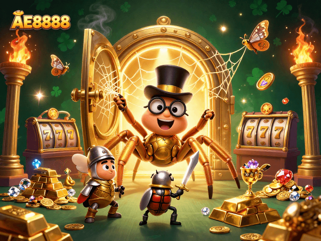 Engage with AE8888 as a golden tarantula weaves a web among vibrant casino riches.