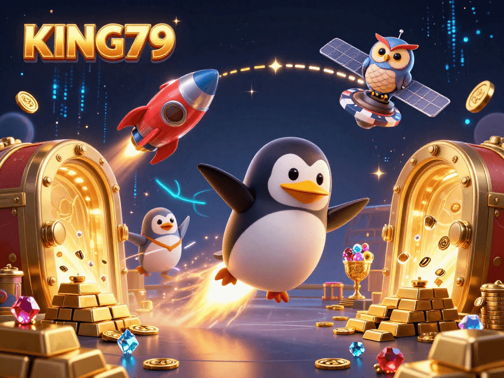 Experience the THRILLING KING79 casino adventure with the golden penguin soaring through space.