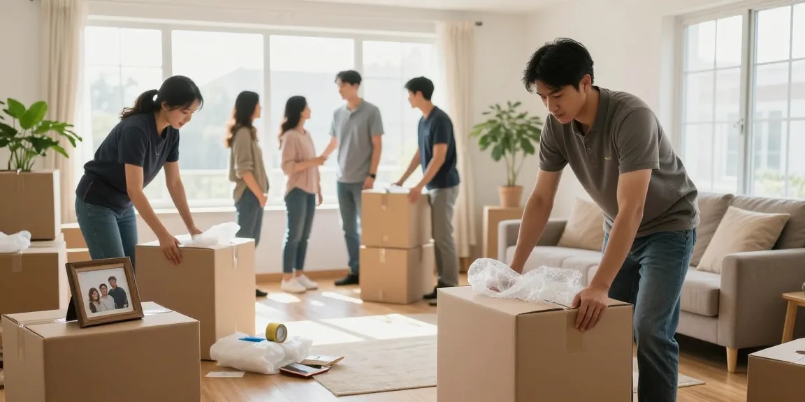 Moving Company professionals packing a family's belongings in a bright living room.