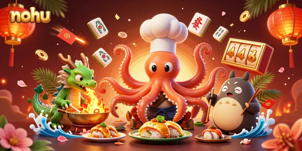 Engage in thrilling nohu gaming adventures with a lively casino scene featuring characters and golden game elements.