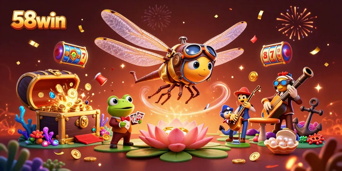 Experience the vibrant excitement of 58win's online casino with dynamic 3D characters and lively elements.